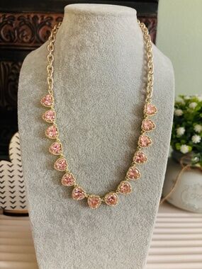 Gold Tone Pink Heart Gemstone Necklace
